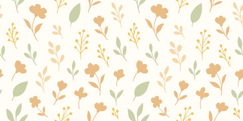 Repeating botanical background with simple pastel flowers and leaves, ideal for fabric, wallpapers, and spring-themed design projects. Vector illustration