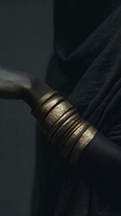 Pulseras doradas sobre un brazo, con un fondo oscuro y dramático.