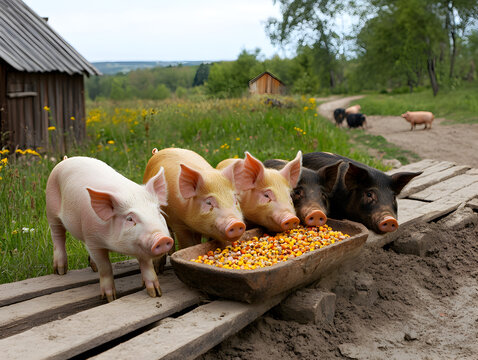 Group of pigs eating from wooden trough in muddy pen, surrounded by rustic countryside setting