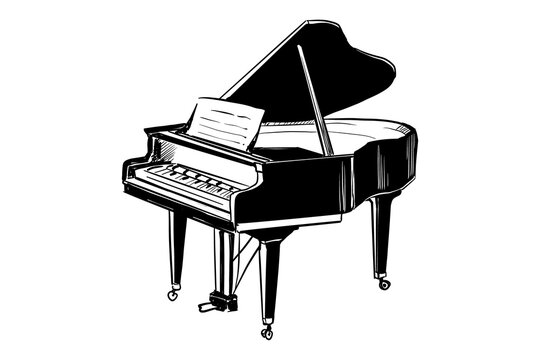 grand piano and music notes Black and white art pattern on transparent background
