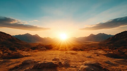 A captivating sunrise casts warm hues over rugged mountains and a serene desert landscape, inspiring feelings of awe, adventure, and tranquility in viewers.