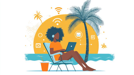 Relaxed beachside work.  Woman working on a laptop while enjoying a tropical beach