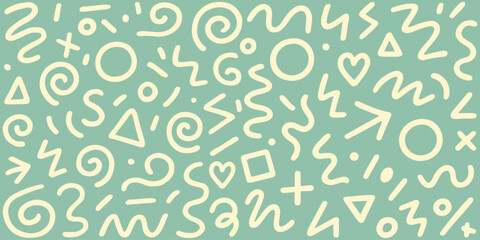 Playful hand-drawn beige doodles and geometric shapes on a muted green background, ideal for creative, retro, and decorative designs. Vector illustration