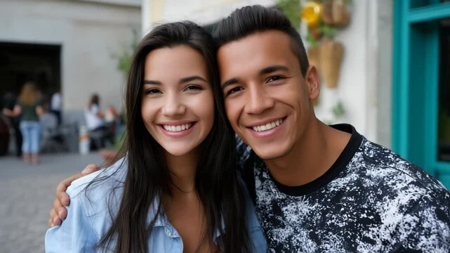 A joyful couple posing together, showcasing happiness and friendship in a lively setting.