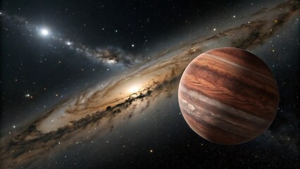 An artistically rendered of planet with striking bands of color hovers in the cosmos against a backdrop of swirling galaxies.