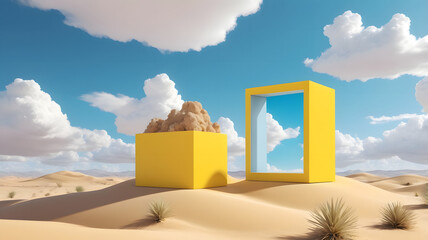 Surreal desert landscape with white clouds in yellow box on sunny day. Modern minimalist abstract background. 3D rendering