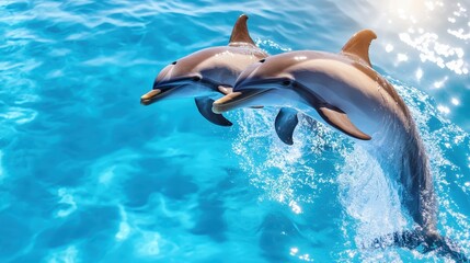 Obraz premium Dynamic dolphins emerge from indigo waves, showcasing their acrobatic prowess and the breathtaking beauty of marine life against the sunlit ocean backdrop.