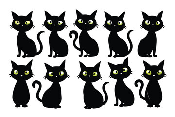 Fototapeta premium Group of cartoon black cats with bright green eyes sitting calmly against a white background