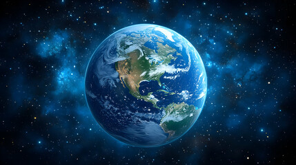 Fototapeta premium Earth, a vibrant blue sphere, nestled amidst a cosmic expanse of stars and nebulae