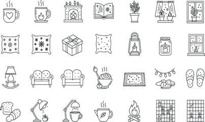 Hygge Lifestyle line icon set. Vector pictograms of cozy comfort-focused living, warm interiors, sweater, sofa, knitted, scarf, cinnamon roll, rocking chair, fireplace
