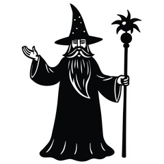 Wise Old Wizard with Staff Black and White Illustration