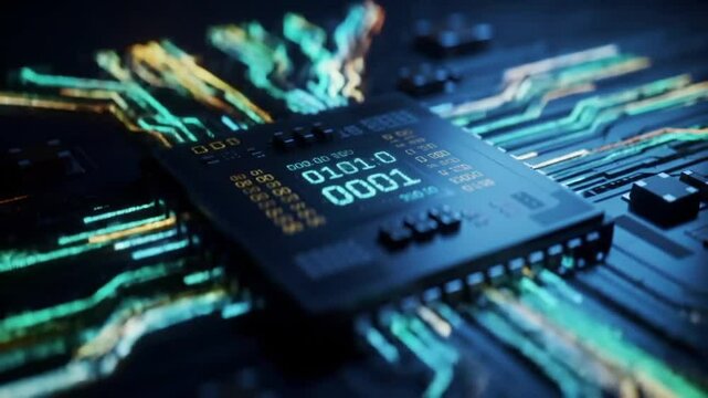 Modern computer chip with binary code