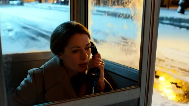 Woman in vintage phone booth on snowy night, cinematic winter scene with emotional phone call
