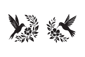 Hummingbird with Floral Ornament, Black Silhouette Vector Design.