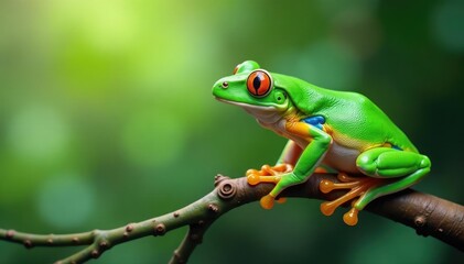 Green tree frog perched on white, vibrant colors, background, closeup, reptile