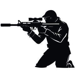 Silhouette of a Soldier Kneeling and Aiming a Rifle with Scope