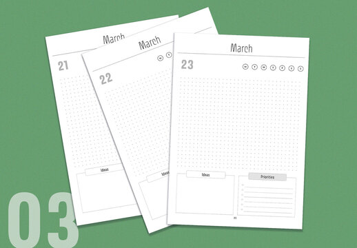 Undated daily calendar layout template march