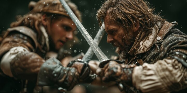 Dos guerreros en medio de una feroz batalla, sus espadas chocan mientras se enfrentan en un combate cuerpo a cuerpo.