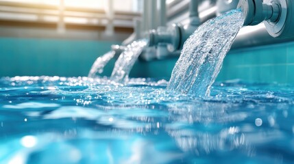 Crystal clear water flowing from pipes creates a soothing and refreshing ambiance, embodying a sense of purity, modernity, and connection with nature.