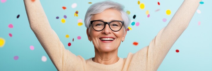 Joyful elderly caucasian female celebrating with colorful confetti on blue background