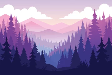 Fototapete Rund landscape reveals mountains and forests shaded in gradient purples and blues under soft clouds © Jannatul