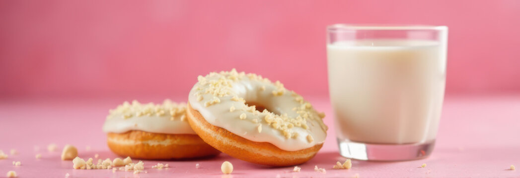 Delicious donuts with white chocolate sprinkles and glass of milk on pink background. Banner for National Donut Doughnut day, fast Thursday