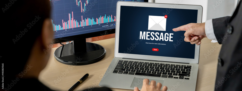 Poster email notification message showing on computer screen brisk. digital marketing message information t