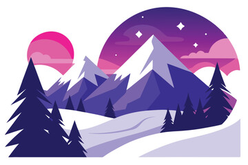 Fototapeta premium Majestic snowy mountains rise under a vibrant night sky with a stylized sun and stars