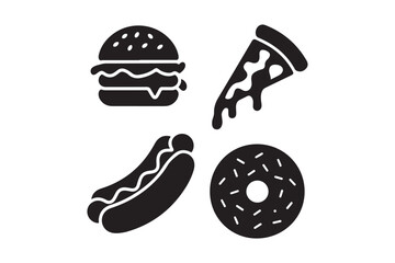 Fast Food Icon Set Burger Pizza Donut Hot Dog Vector Silhouettes