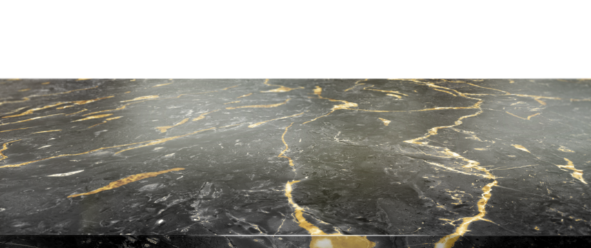 Empty dark grey and gold marble desk for product presentation. Stylish marble table top. Counter top, Graphic resource for your design. Isolated kitchen element without background. Transparent png.