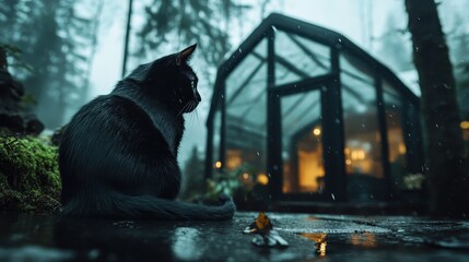 A sleek black cat silently observes its surroundings in a misty forest, highlighting the serene connection between wildlife and the enchanting beauty of nature.