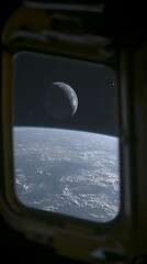 Fototapeta premium A view from space of Earth and the moon through a window. A portion of the Earth's surface and a crescent moon are visible