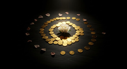 gold coins and rose on black background