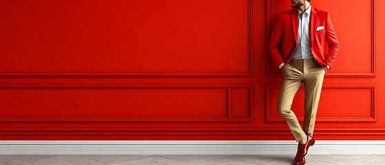 Man in red jacket, beige pants, red wall