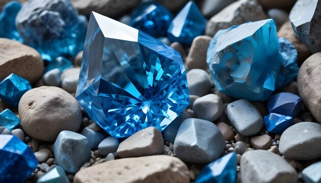 A captivating display of sparkling blue gemstones and smooth river rocks creates a stunning scene.