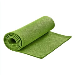 A rolled green yoga mat with a textured surface, partially unrolled on a white background.