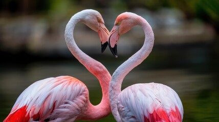 Naklejka premium Flamingos forming heart with necks, vibrant pink on soft green