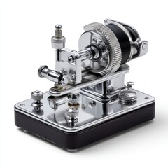 Fototapeta premium A polished vintage telegraph key device used for sending Morse code, featuring metal components on a black base.
