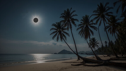  Tropical Solar Eclipse Through Palm Trees on Thai Beach — Glowing Sky Silhouette