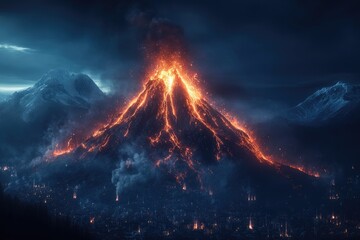 Volcano erupting over city at night