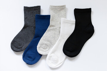 5 Pairs of Baby Socks Blue, Black, Grey, White on White Background