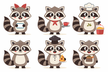Adorable raccoon cartoon characters with various cooking outfits and playful expressions, ideal for children’s books, food branding, and mascots