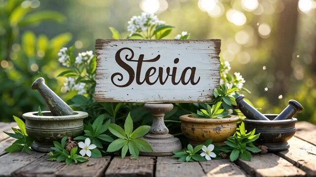 sign with inscription stevia, fresh herbs on table, sunny day

