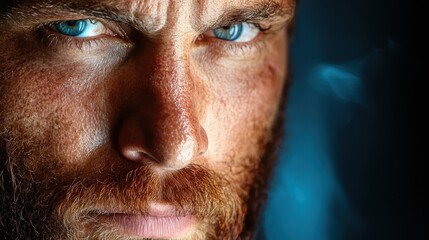 Obraz premium A powerful close-up image of a man with a rugged beard and intense blue eyes, revealing the raw emotions on his face illuminated by soft light in the background.