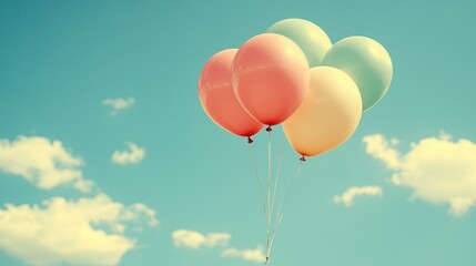 Obraz premium Balloons in blue sky with clouds, retro colors and fun.