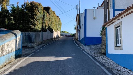 Sun-drenched cobblestone street in a quaint Portuguese village, azure accents evoke Fado Festival...