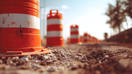 Low angle view of dirt road with orange traffic barrels and sunset light during road construction zone work.