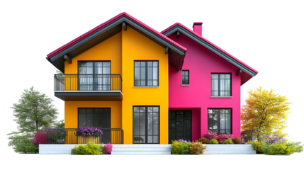 Colorful house 3D model, realistic architecture rendering isolated on white background