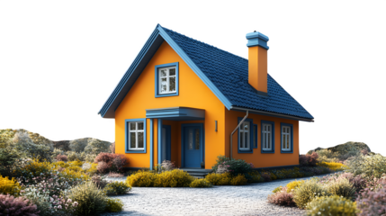 Colorful house 3D model, realistic architecture rendering isolated on white background