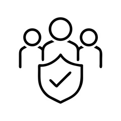 Group security icon with shield and check in black outline style